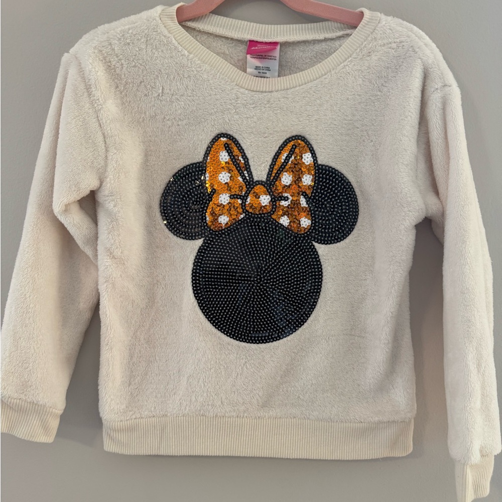 Disney Kids Faux Fur Cream Sweatshirt with Sequin Minnie Mouse Design